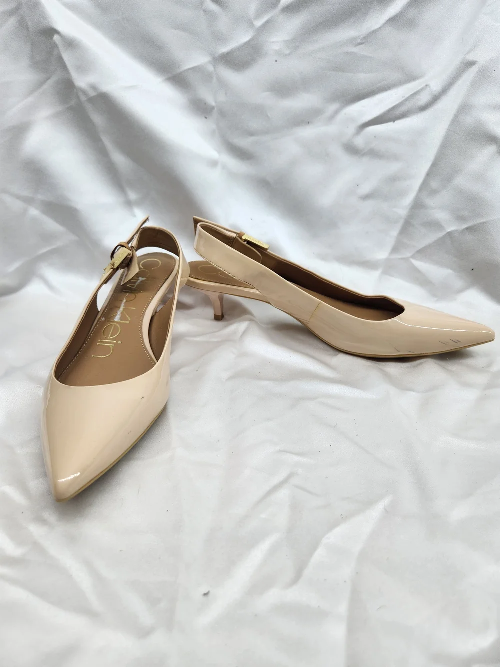 Calvin Klein Beige Patent Pointed Slingback Flats